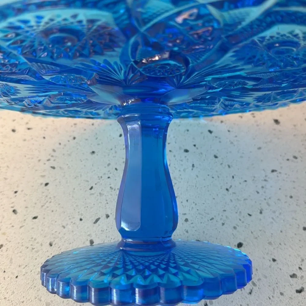 VINTAGE Imperial Glass Ohio Blue Bellaire Collectors Crystal Glass Cake Stand